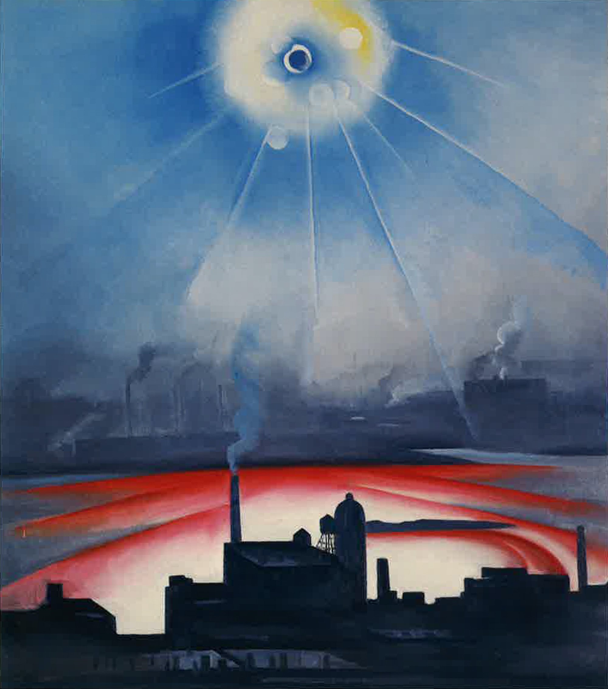 A Georgia O'Keeffe painting of an urban landscape, most of it given over to the sky