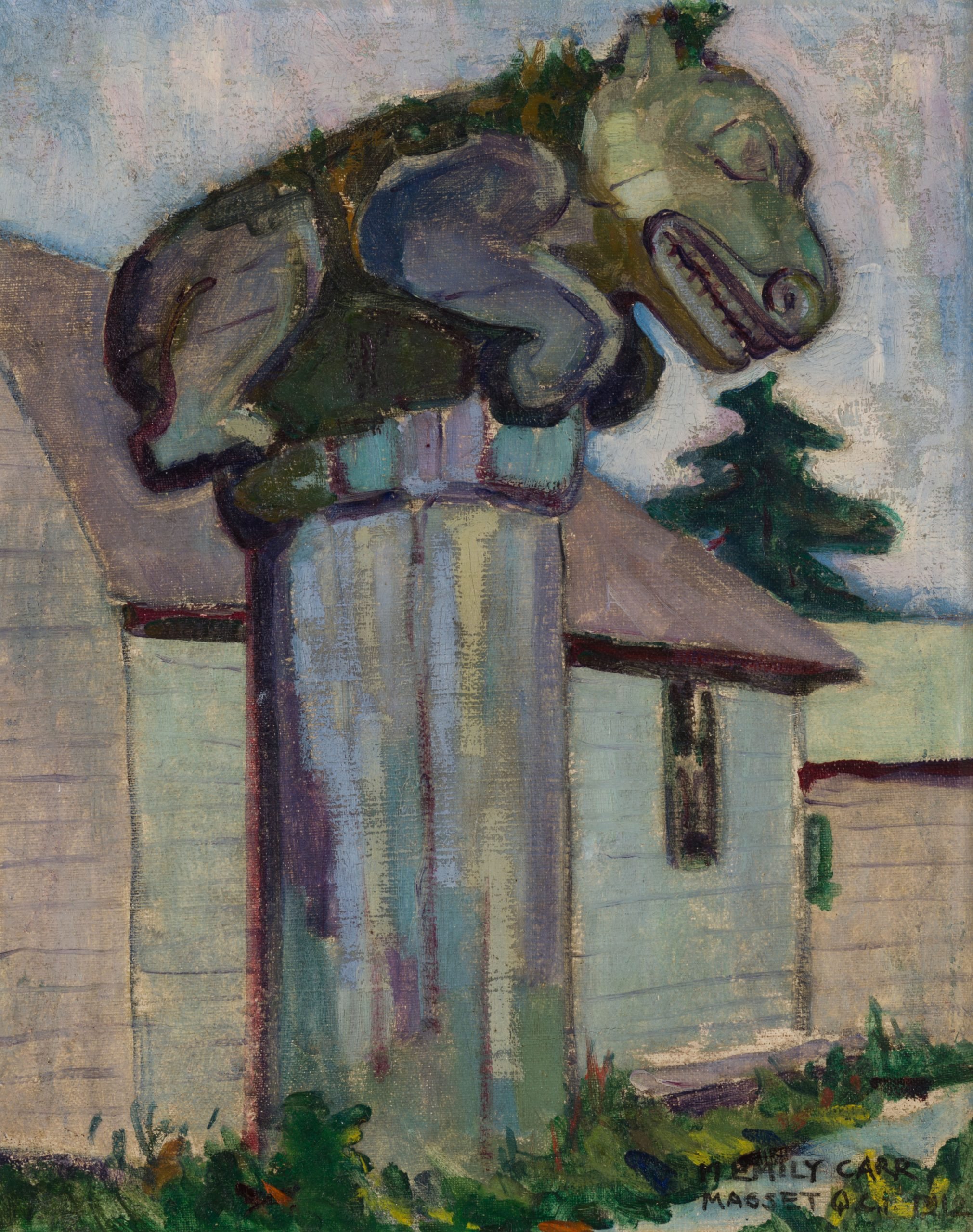 a painting of a building with a grizzling bear crouching atop the chip