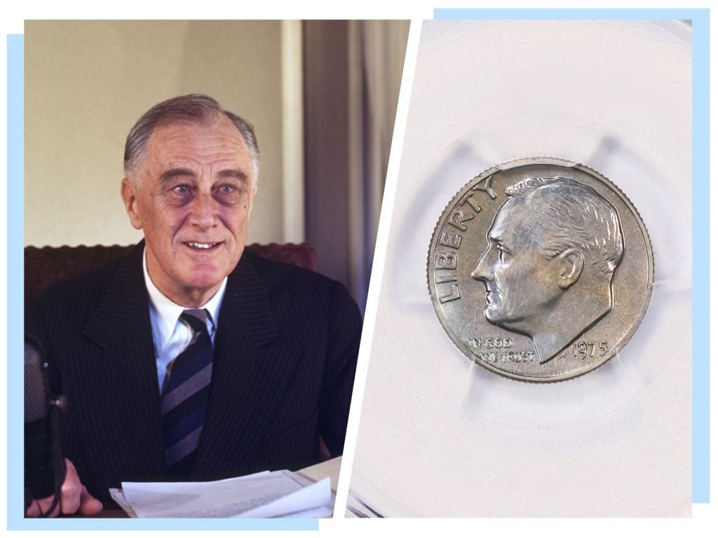 President Franklin Delano Roosevelt in 1945, left, and the $500k rare dime, right.