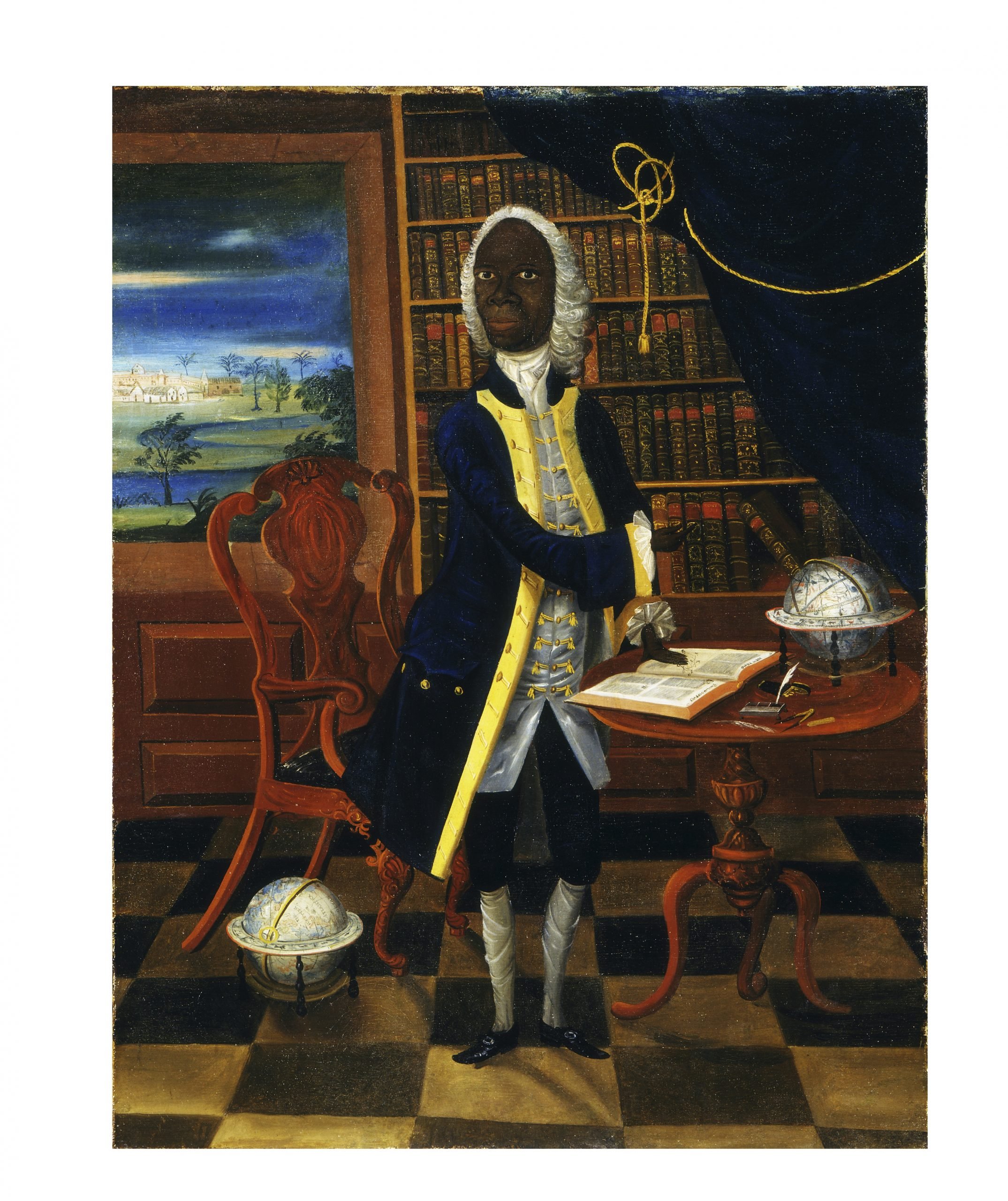 portait of a black man standing over a table in a study with window behind showing comet