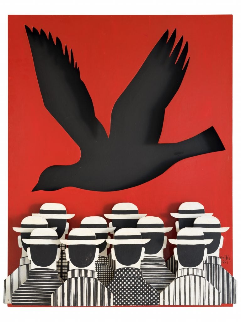  Silhouetted black bird soars over a group of identical figures in striped clothing and hats, set against a bold red background.