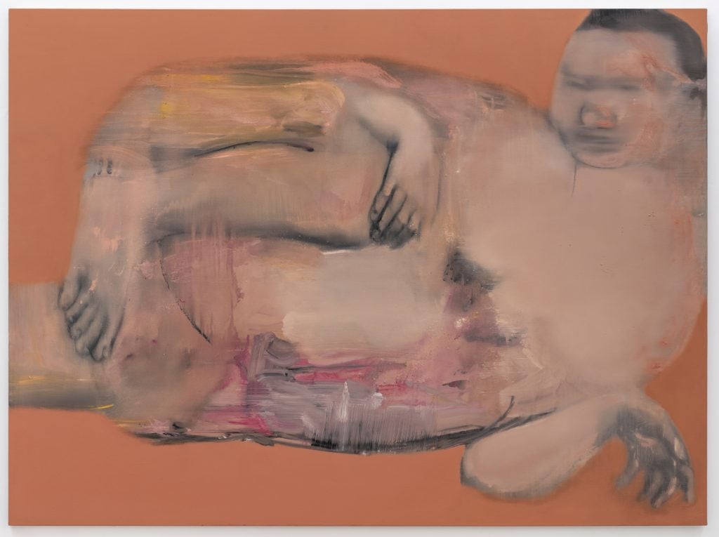 a painting in which a blurry human figure lies on it side curled up against an orange background