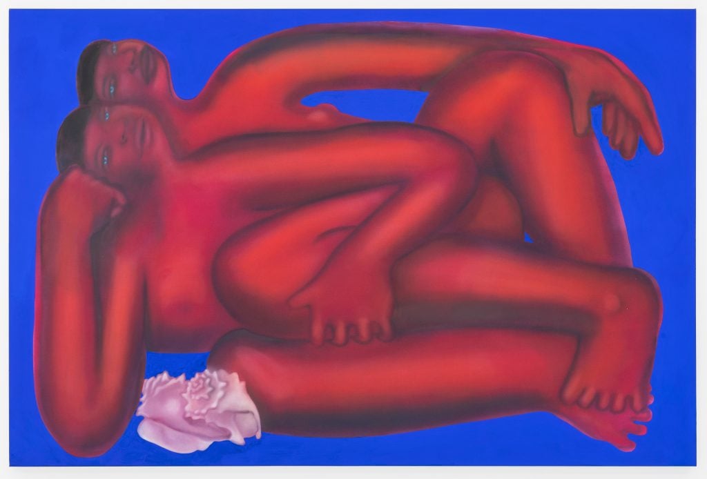 a painting in which two human figures with glowing orange skin lie together in a spooning position with their faces upturned and dazed, the background is a single plane of royal blue, there is a small pink shell near the front figure's elbow 