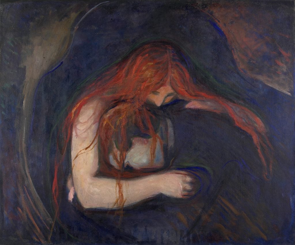 a painting of a red-haired woman emvracing a shadowy figure of a man