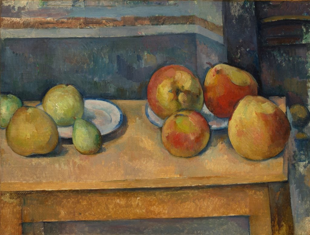 a painting of apples and pears