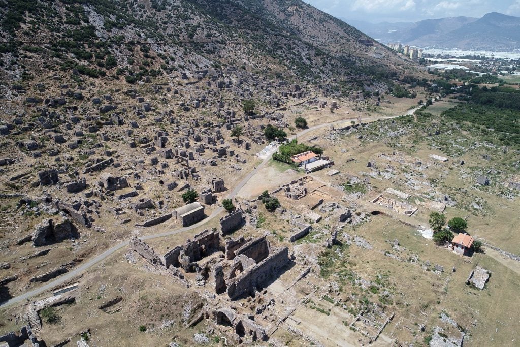 Aerial shot of the ancient city of Anemurium's ruins in Turkiye.