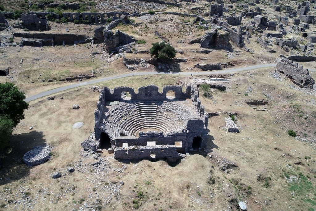 Aerial shot of the ancient city of Anemurium's ruins in Turkiye.