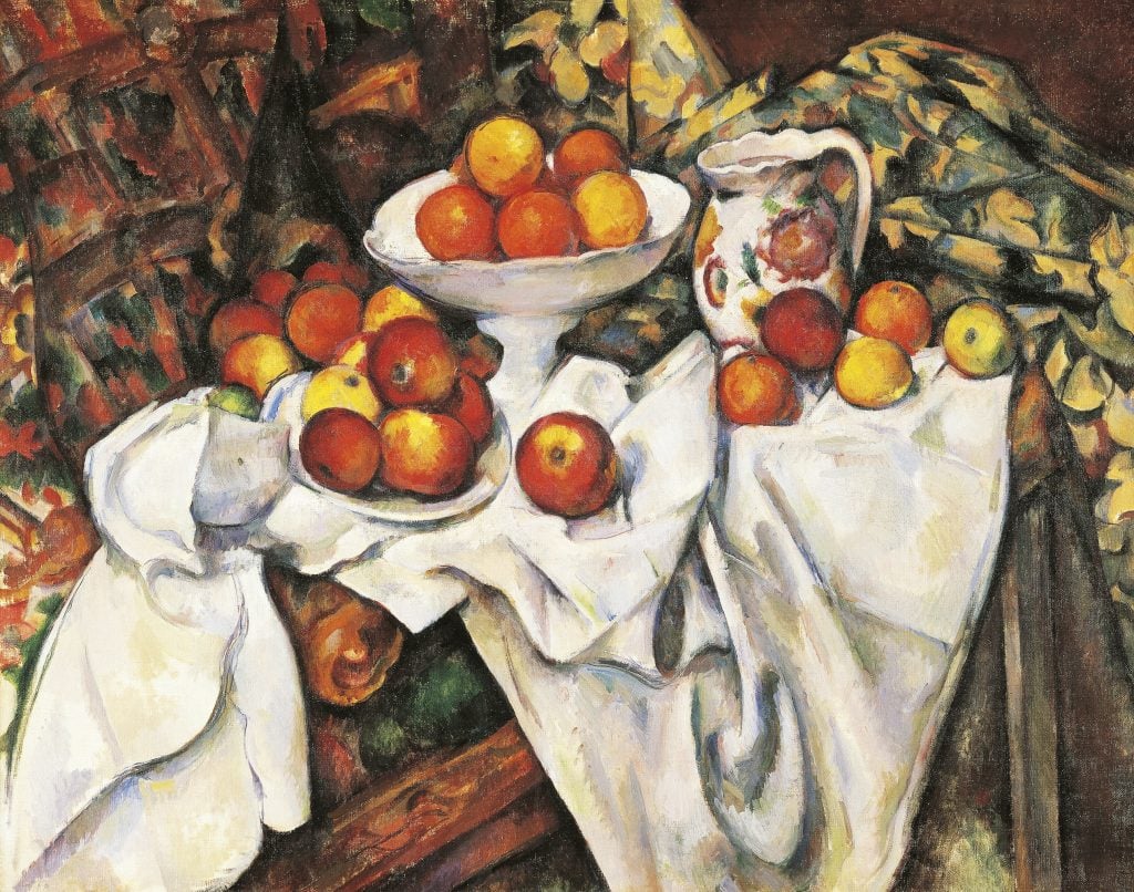 a painting of a pile of apples