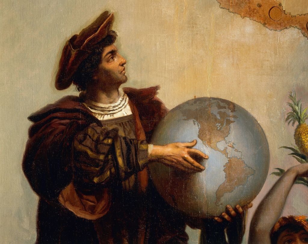 painting of a man in historical costume holding a globe