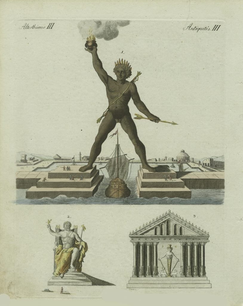 drawing of a statue holding a torch