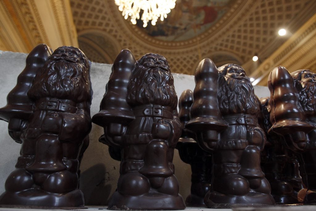 a series of chocolate garden gnomes