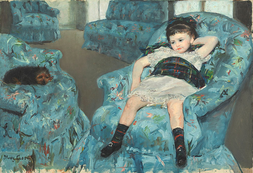 painting of a little girl on a blue chair