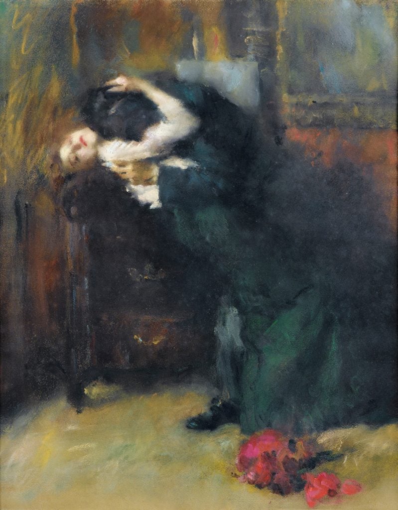 a painting of a woman in a black dress in an embrace with a vampire