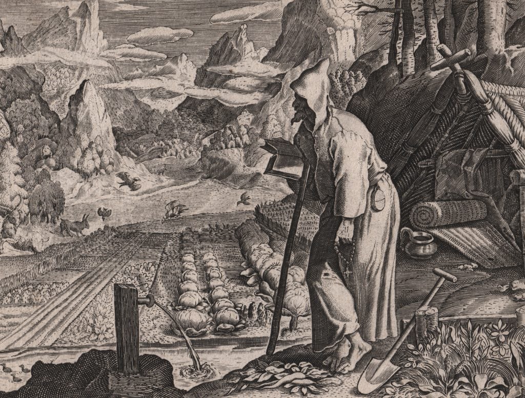 a monochromatic depiction of a hunched over man in the mountains