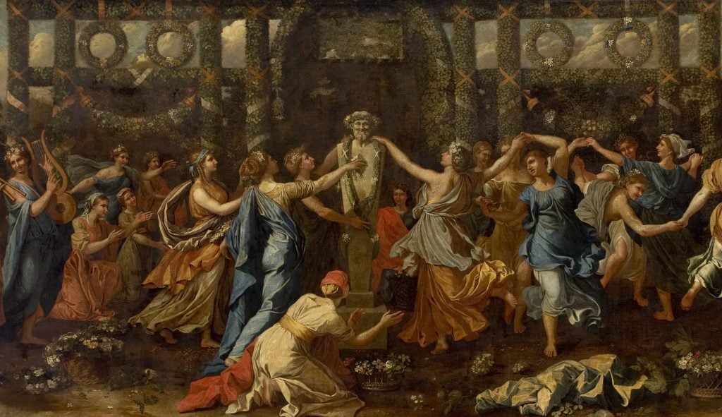 A group of women in flowing, colorful garments dance in a circle around a statue adorned with greenery, while musicians play in the background, in a classical setting surrounded by foliage, depiction of Hermits in art