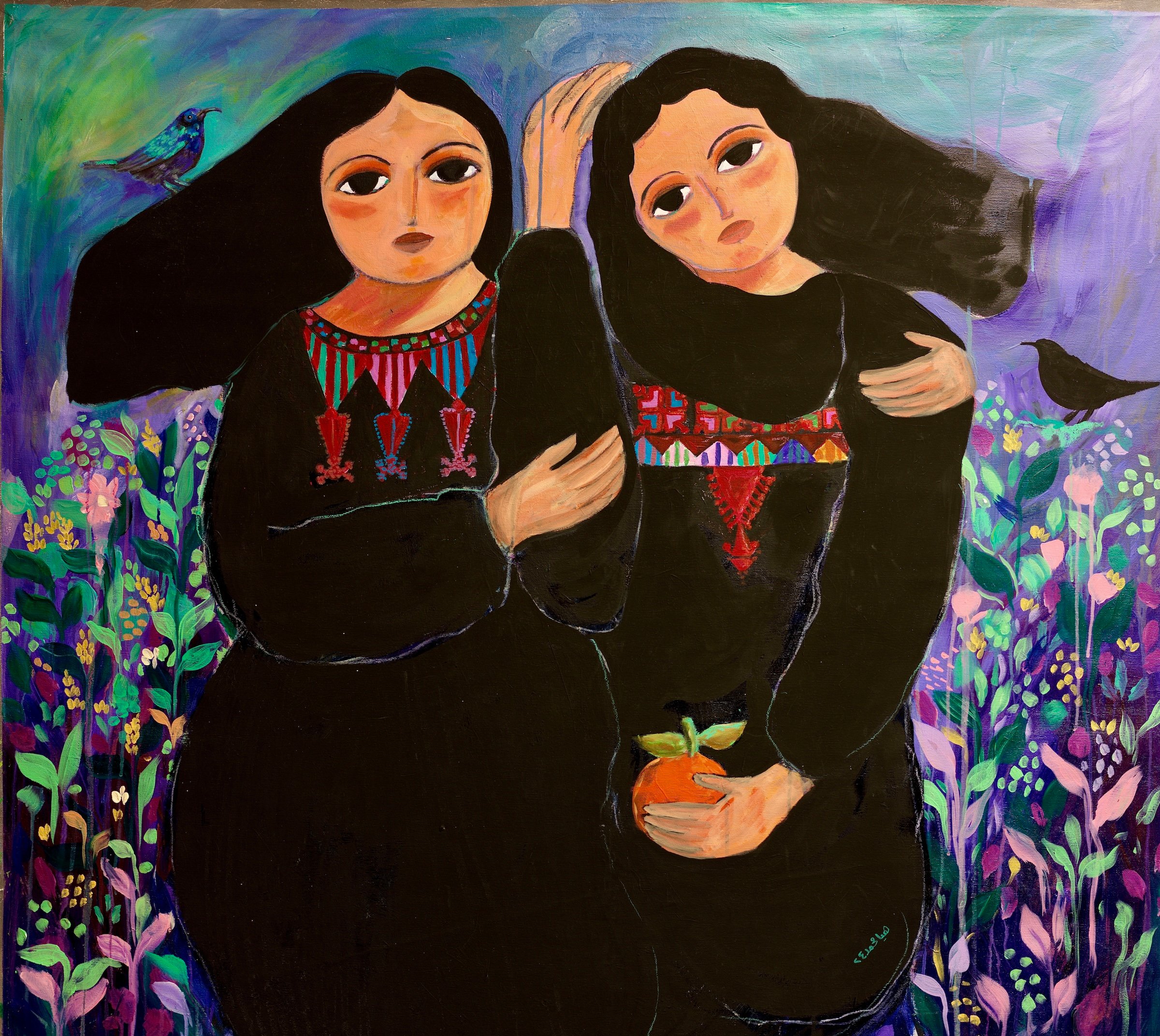 A cartoon-like painting of two Palestinean women with long dark hair wearing black in mourning by Haya Kaabneh.