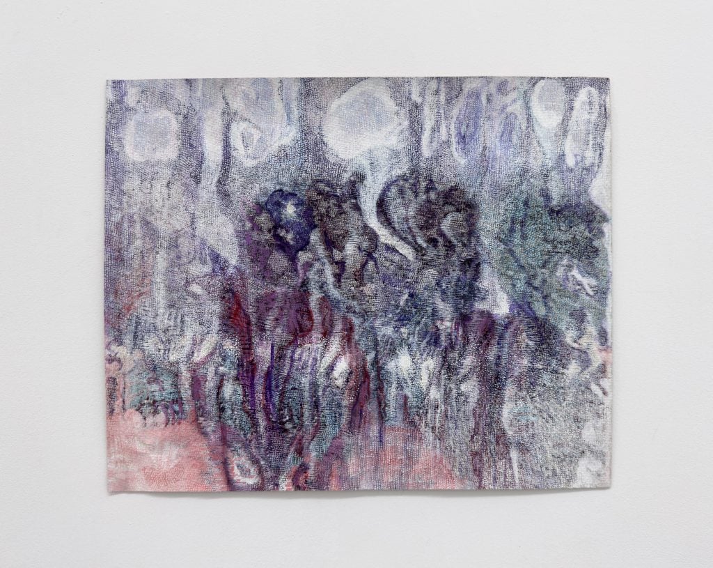 an abstract drawing using ink and ash by artist Bracha L. Ettinger. The drawing has a ghostly quality to it, with rich wisping purples.