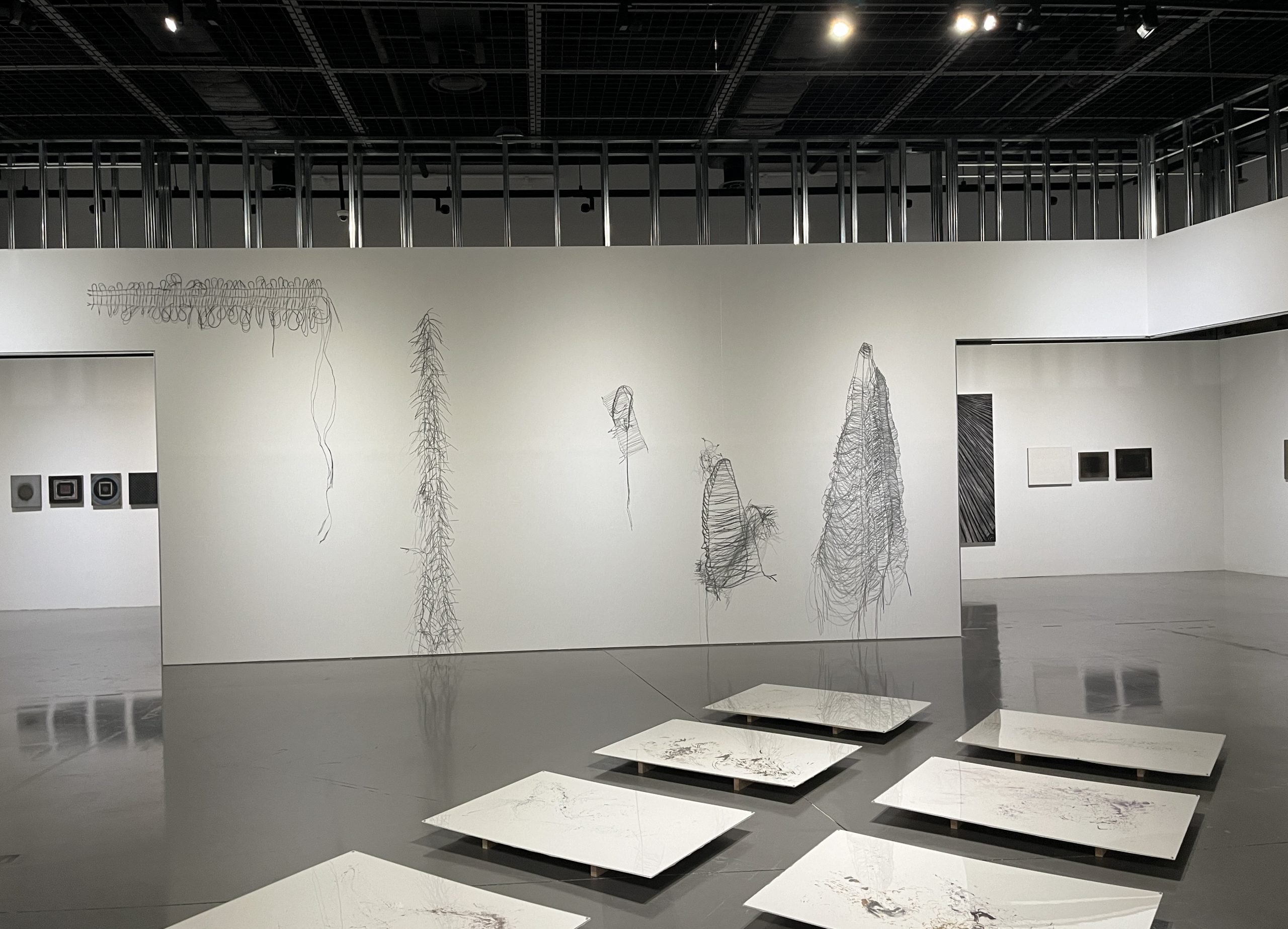 In a white-walled space a number of works made of wires are on view.