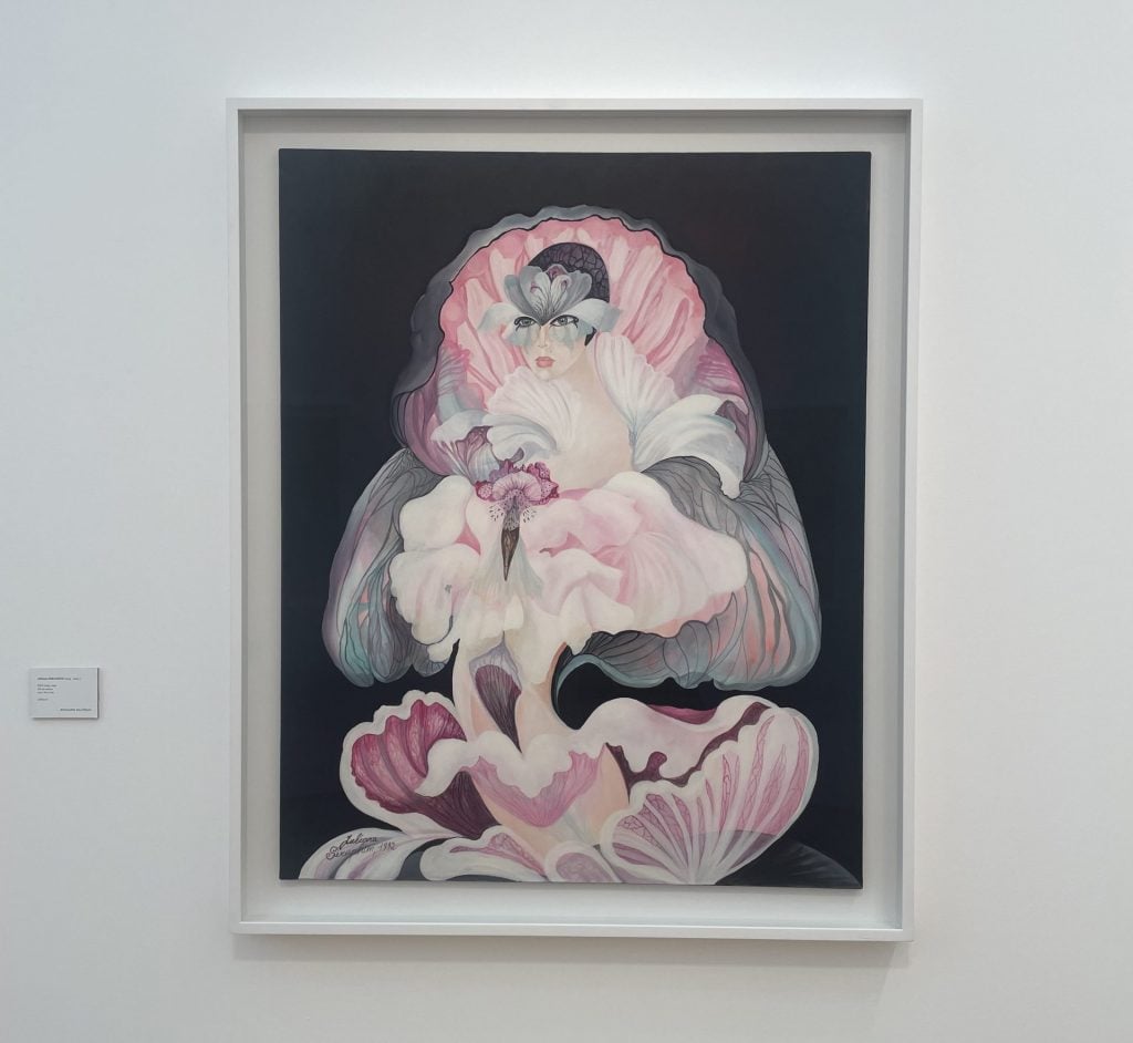 A pink painting of a woman in a dress like a flower