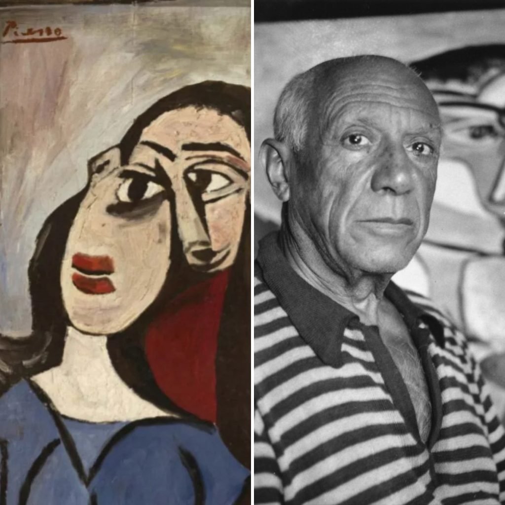 a collaged image of a abstract portrait allegedly by Picasso side by side with a black and white photoraph of the artist wearing a striped tshirt