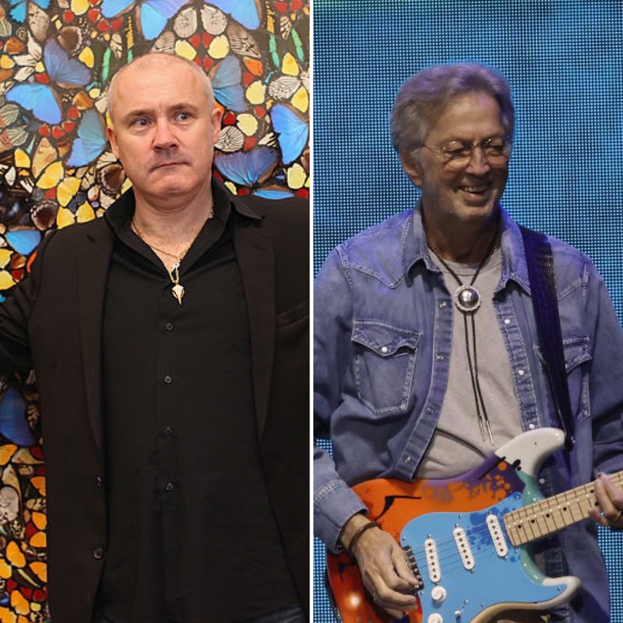 a side by side collage of two white men, one wearing all black in front of a colorful background, the other wearing a blue jacket playing a piano