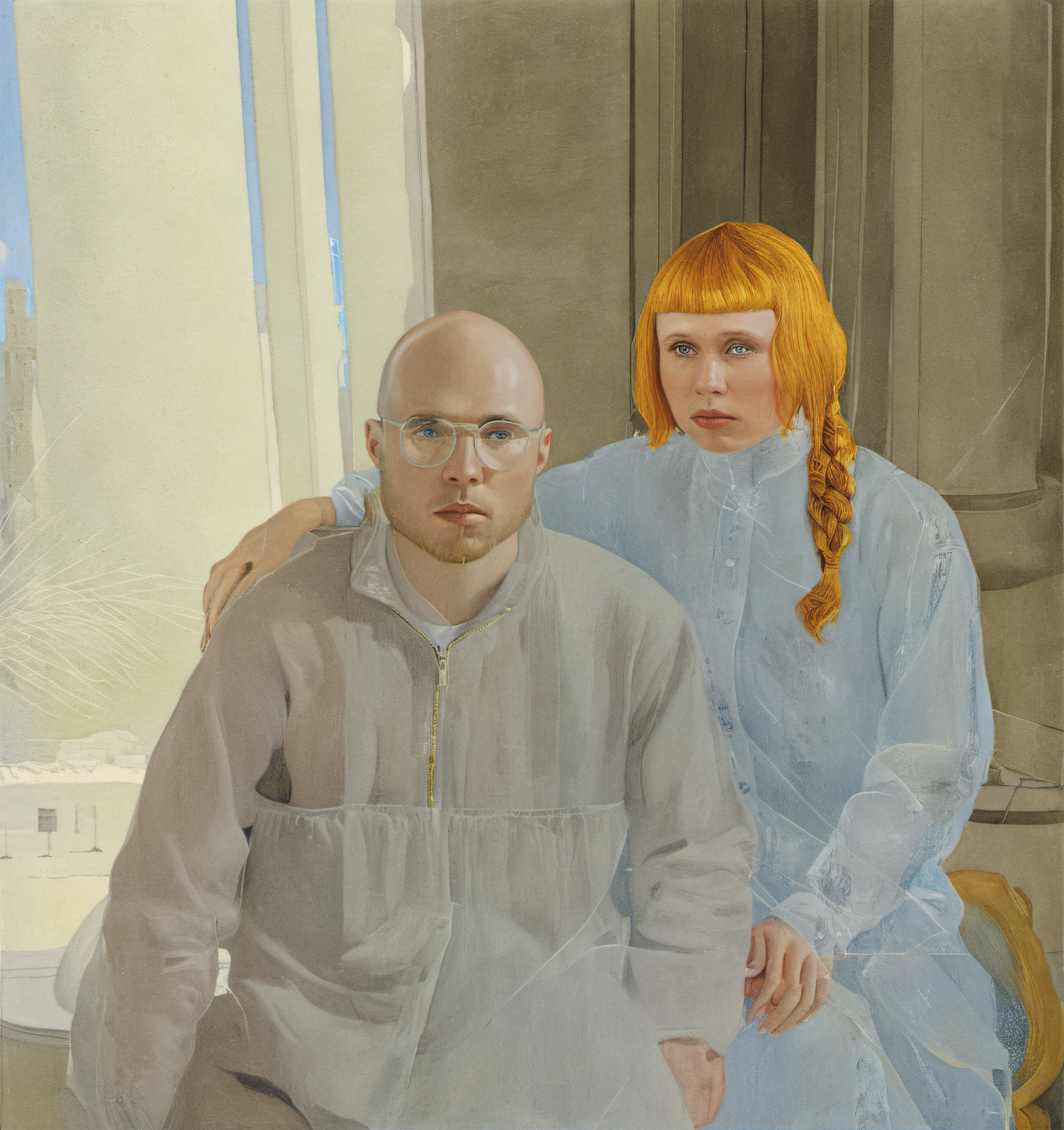 painting of a seated man and woman wearing overalls