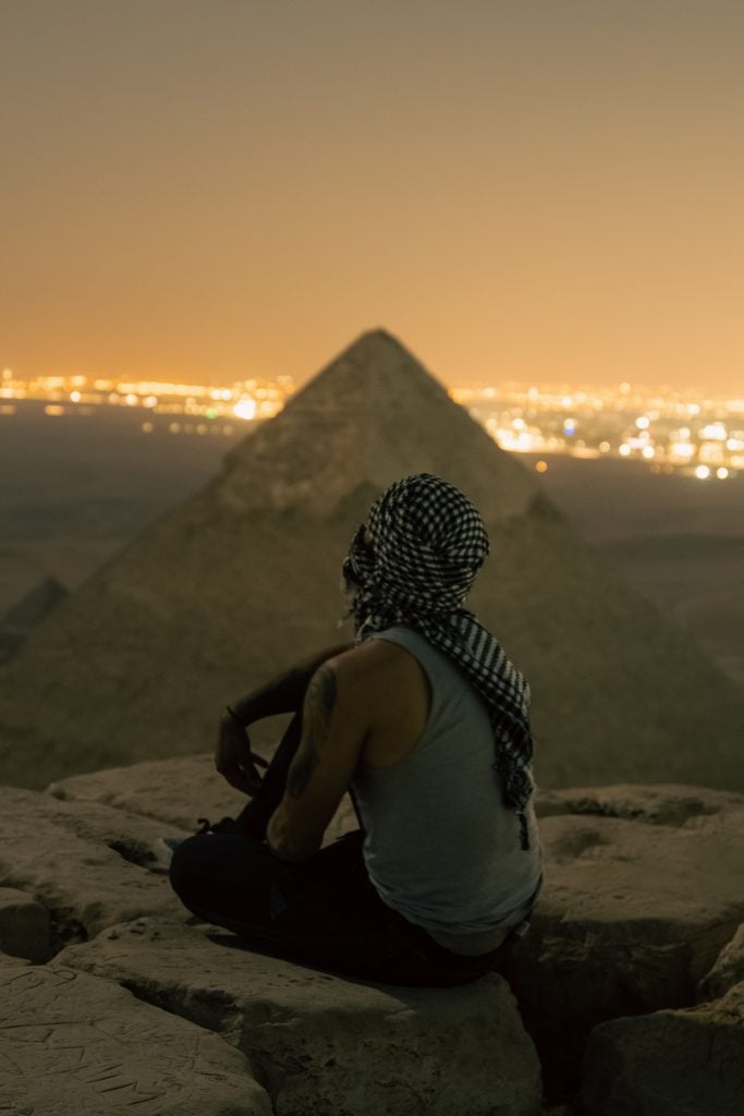 Isaac "Driftershoots" Wright's photograph atop the Great Pyramid of Giza.