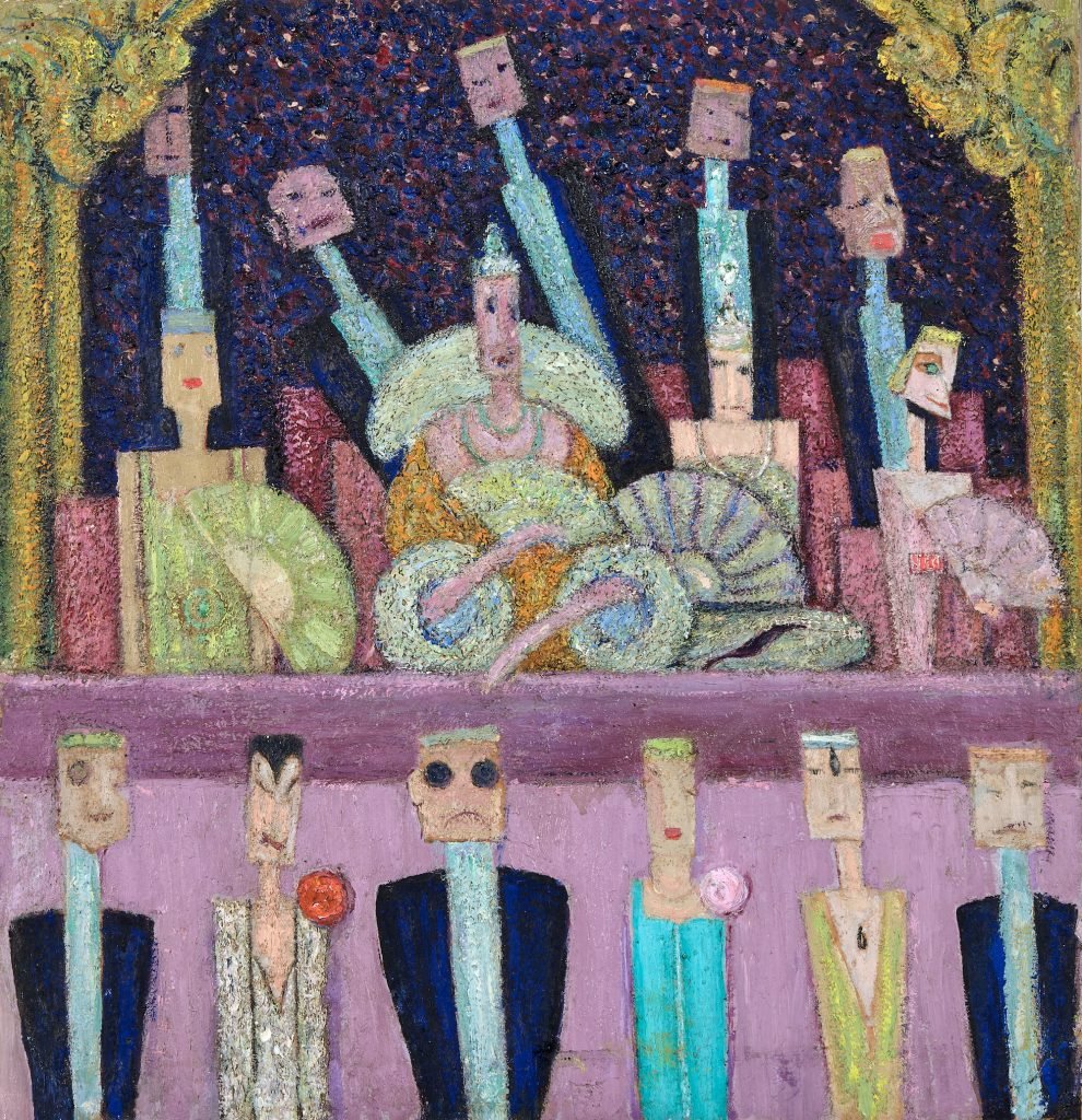 An abstract depiction of a theater scene with figures in formal attire sitting in a box seat, their elongated faces and geometric shapes rendered in textured, colorful stroke