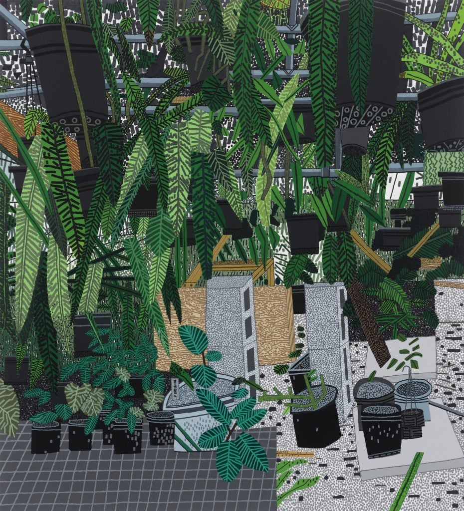 a densely packed painting of overlapping green leaves