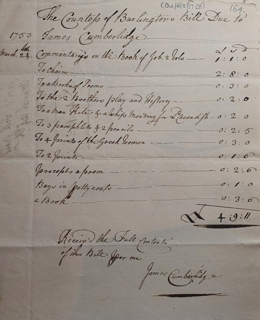 a piece of paper in which fancy handwriting lists items acquired and then a price in shillings, it is a list of accounts from the year 1753, it is signed at the bottom James Cumberlidge