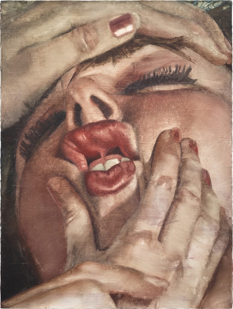 A painting shows a close-up of a face being gripped by two hands.