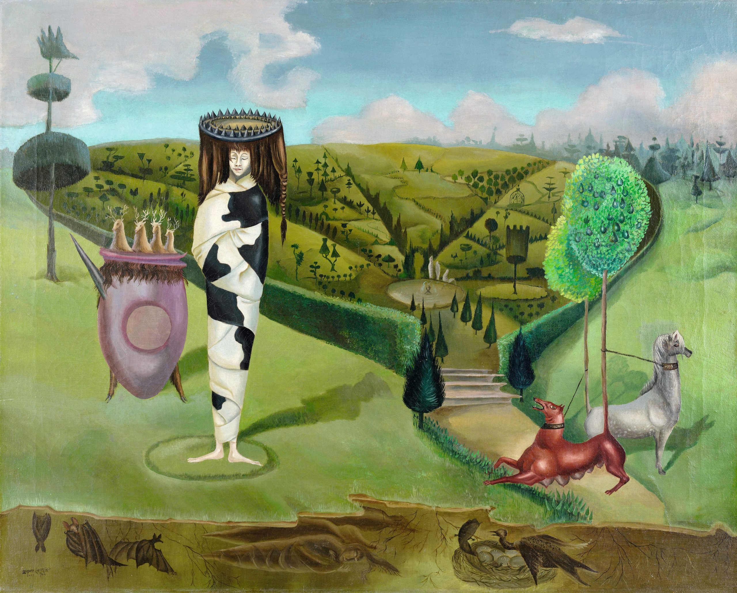 a surrealist painting by leonora carrington featuring fantastical figures in a green landscape against a blue sky with puffy clouds