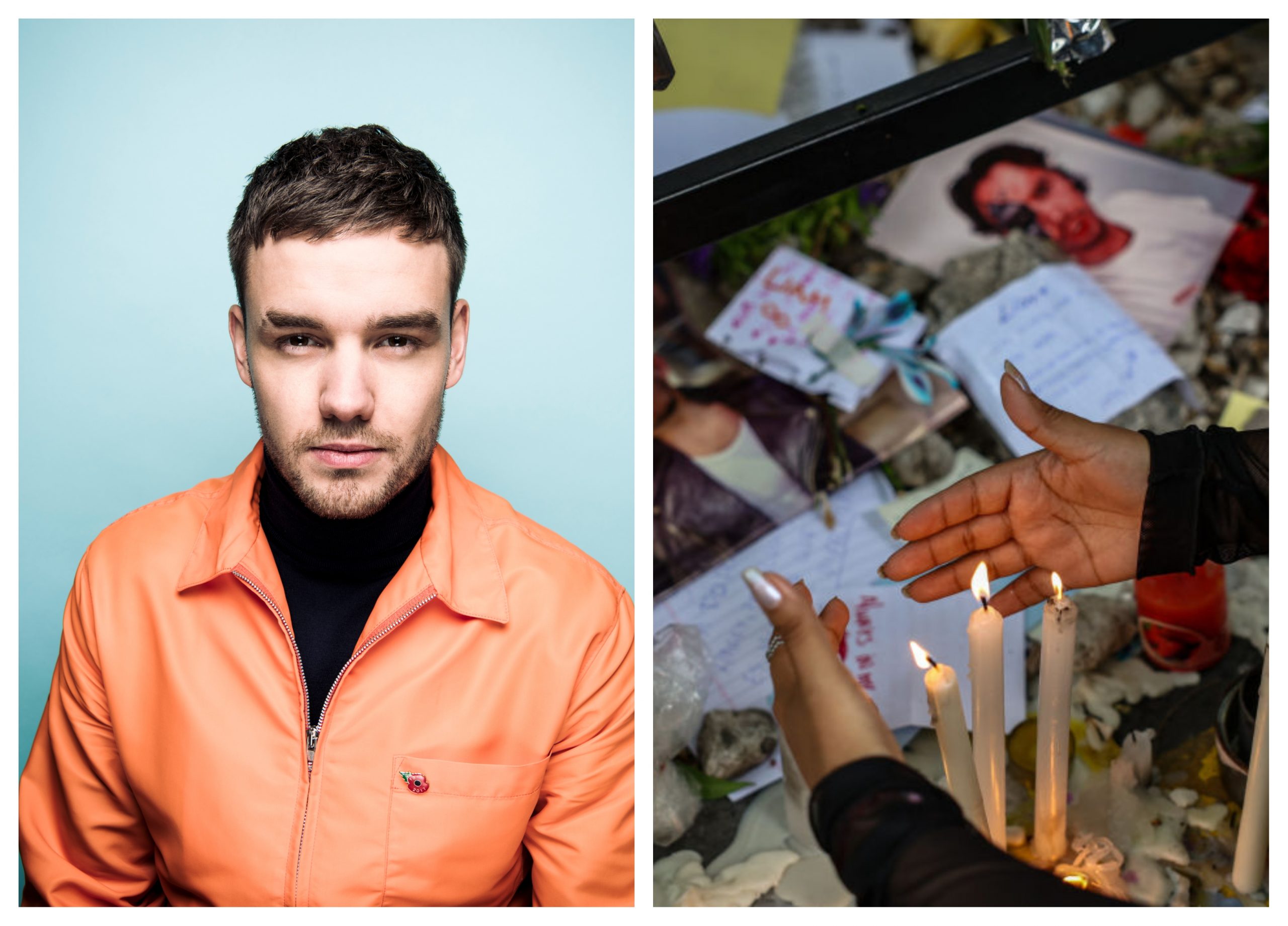 A split image of Liam Payne in an orange jacket against a light blue background, and a candlelight vigil with fans honoring his memory.