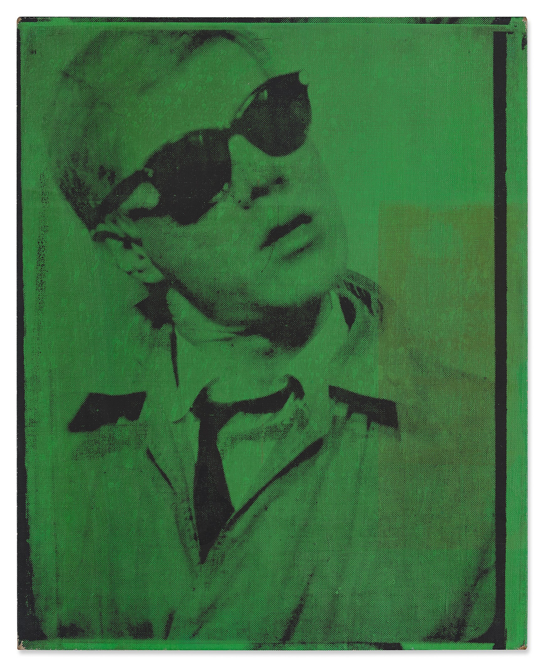 A portrait of a man in formal dress and sunglasses, tinted green