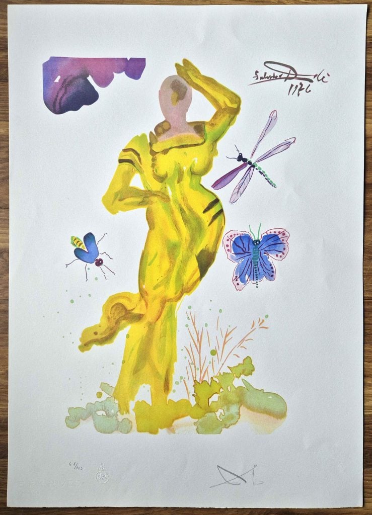 a yellow woman in a lithograph beside butterfly and dragonfly