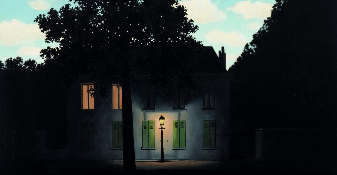 a painting by Rene Magritte of bright sky with a dark street scene below