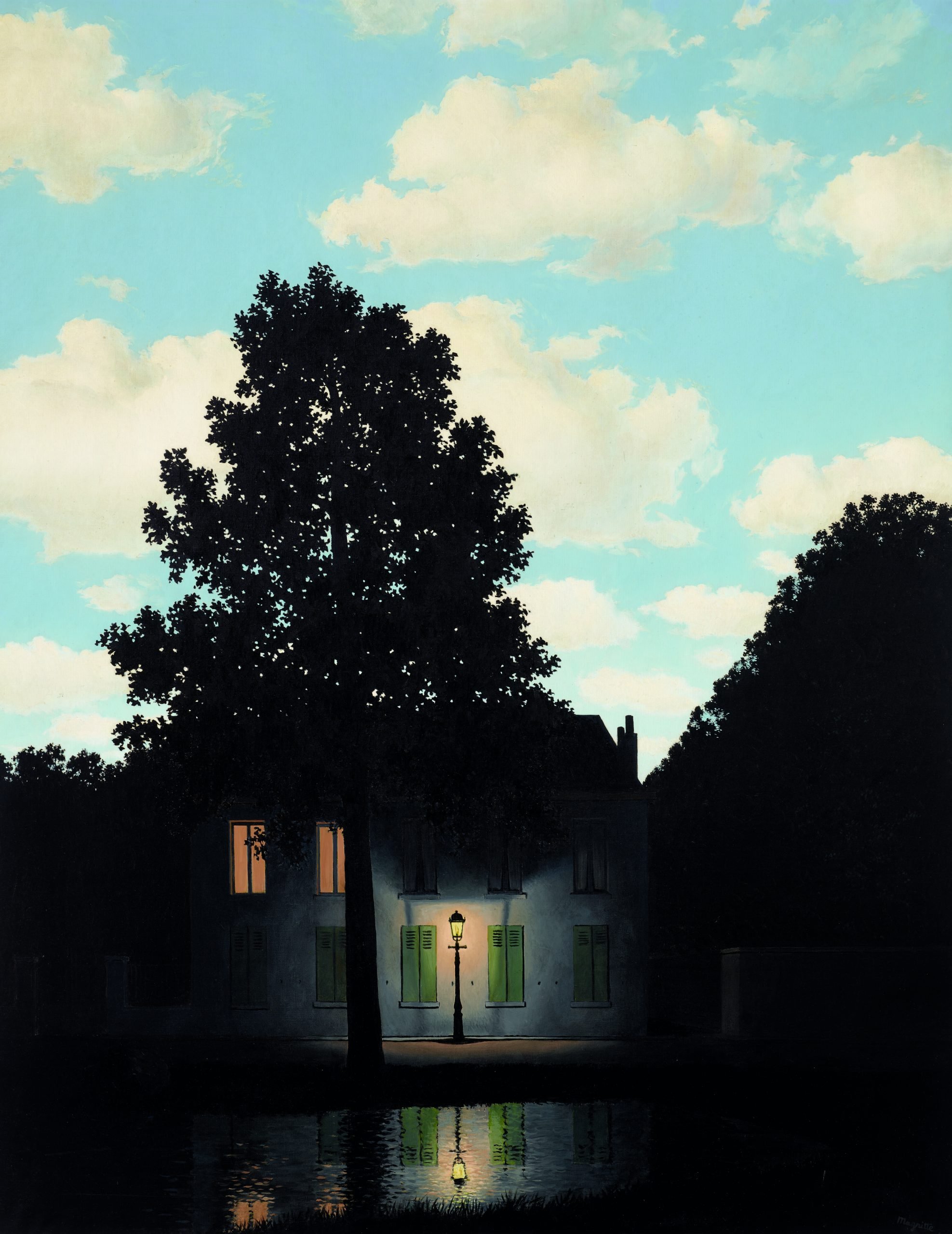 a painting by Rene Magritte of bright sky with a dark street scene below