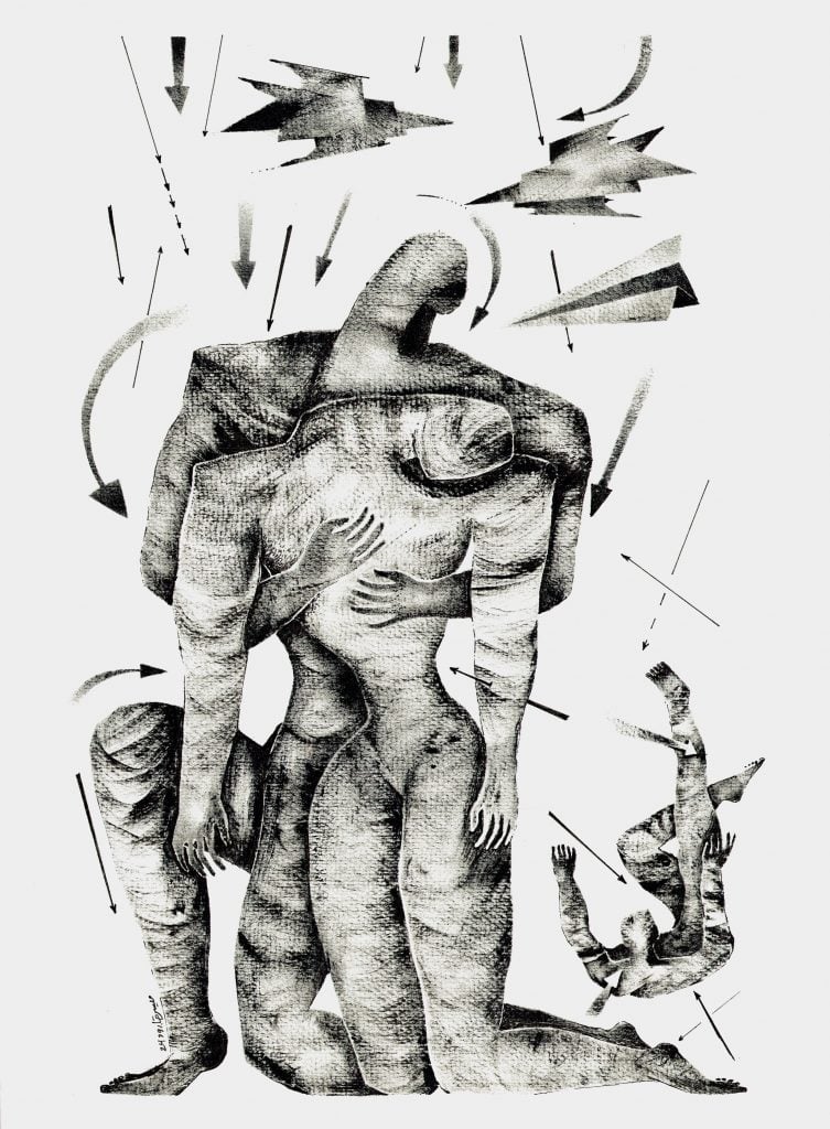 Maisara Baroud, drawing from "Still Alive," a stylized black ink drawing on white paper of a male figure seemingly shielding a slumped women's body from falling bombs, represented by arrows and paper airplanes. A smaller figure in the corner is falling back having been hit. It is a representation of the Israeli bombing of Gaza.