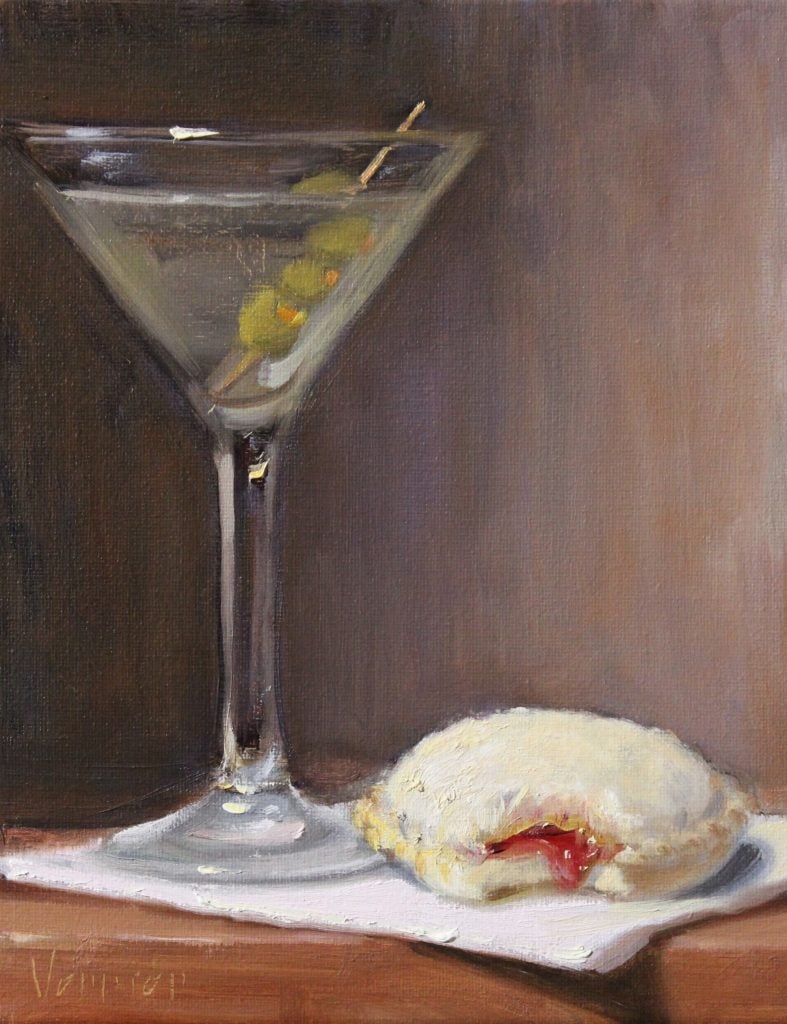 A painting of a pastry and a martini