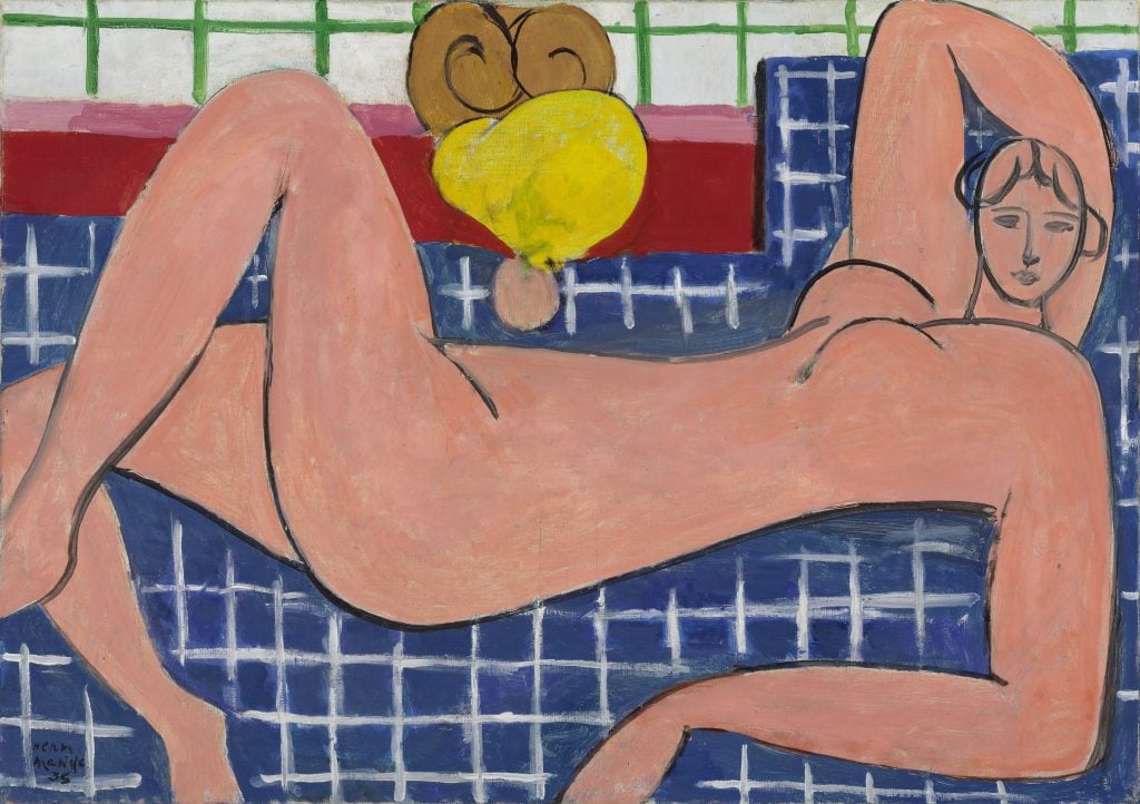 Painting of a nude woman lying down on blue tiled backdrop