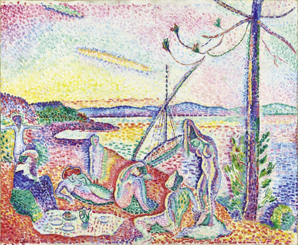 An abstract and colourful painting of a group of people having a picnic by the water