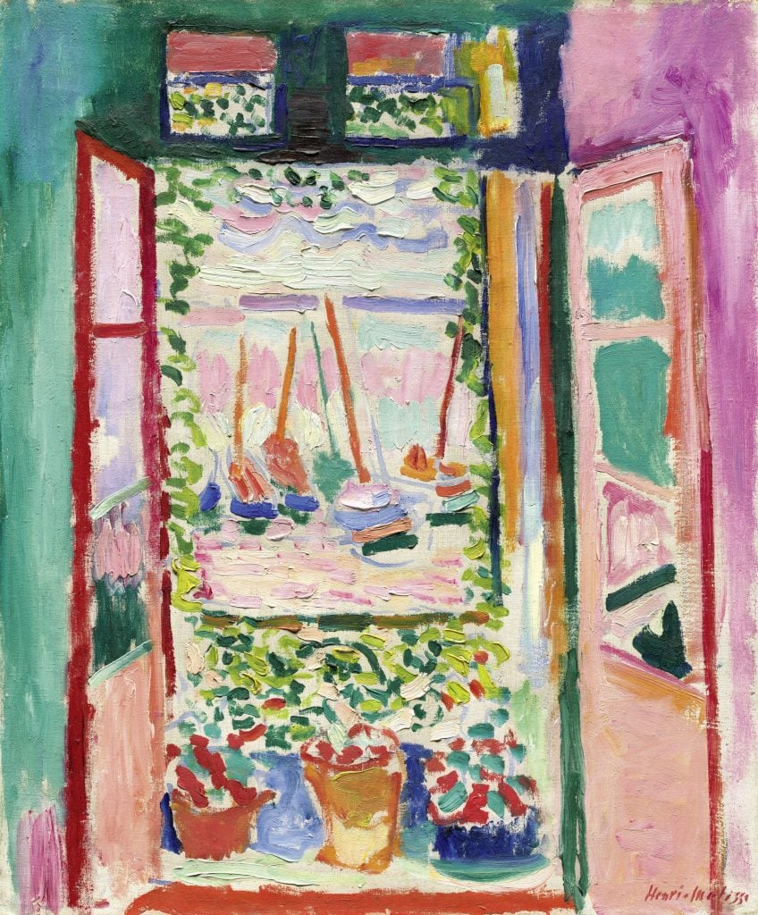 A painting depicting a colourful window to the view of the harbour, full of boats