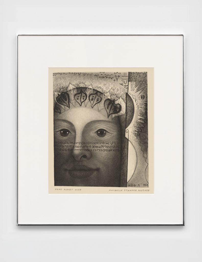 Maybelle Stamper, Head August Nine (1958). A black and white lithograph of a woman's face in a slightly cartoonish, Surrealist style. 