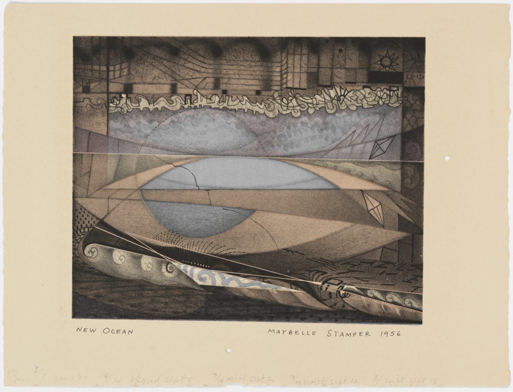 Maybelle Stamper, New Ocean (1956). An abstract lithograph in light blue, dark grays, and light brown, with intricate line work and a central circle and horizontal bands. .