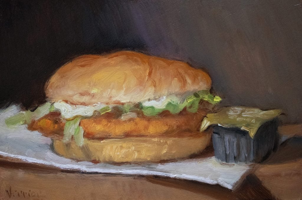 A painting of a fried chicken sandwich against a dark background