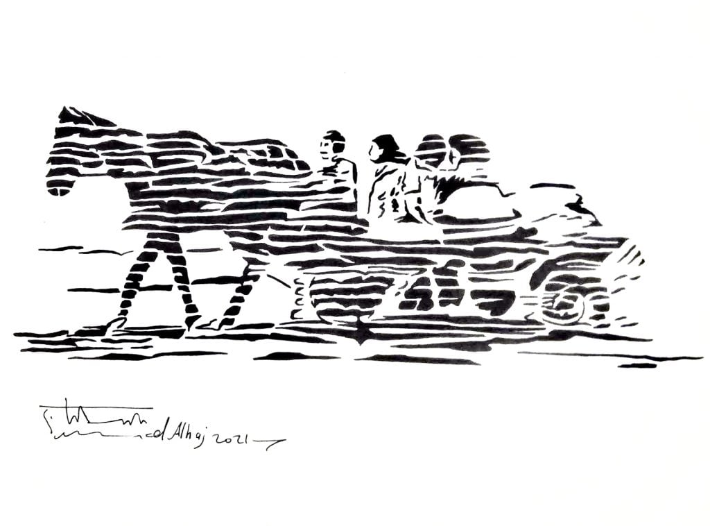 Mohammed Alhaj, Displacement, Gaza (2024). A black and white stylized ink drawing of Palestinian refugees and a horse loaded with their belongings. 