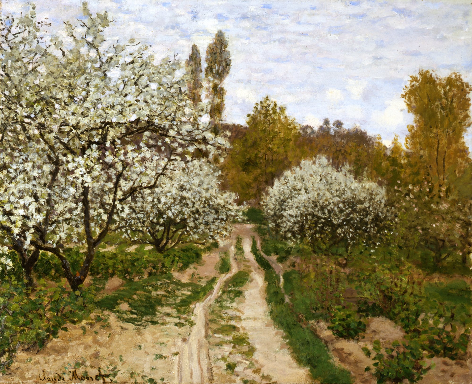 a painting of a landscape with clouds in the sky and a well-trodden path through grassy lands with a large tree to the left covered in white pale blossom. the horizon is dotted with brown trees