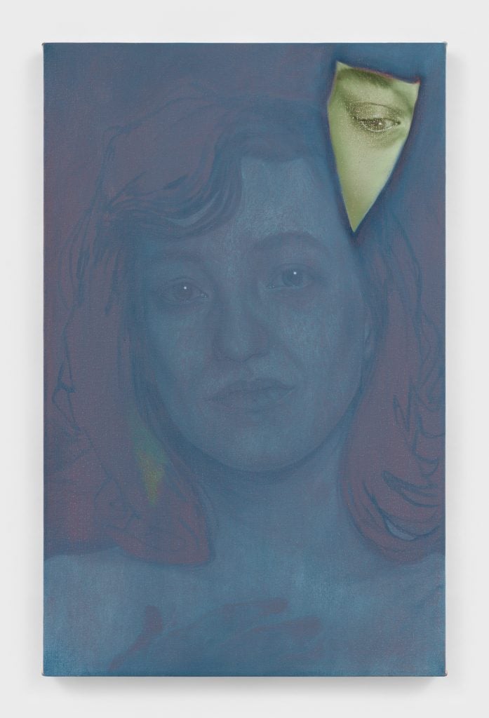 a painting of a woman in blue and gray tones with a triangle with a green eye