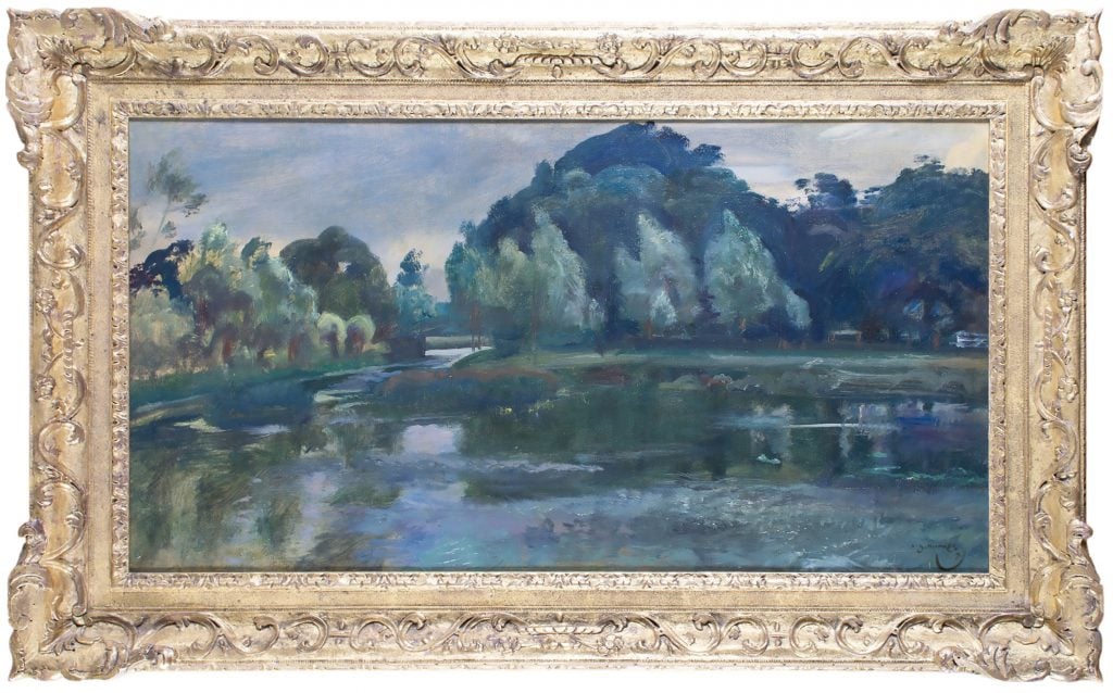 a painting of a water landscape with trees and clouds in background