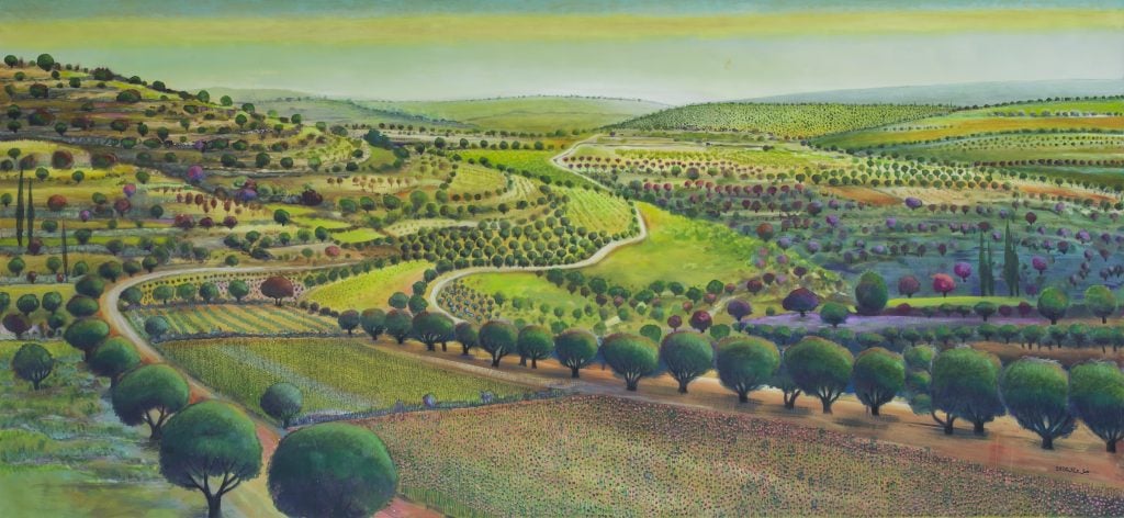 Nabil Anani, In Pursuit of Utopia #7 (2020). A painting of a verdant green landscape in Palestine, with fields and olive trees. 